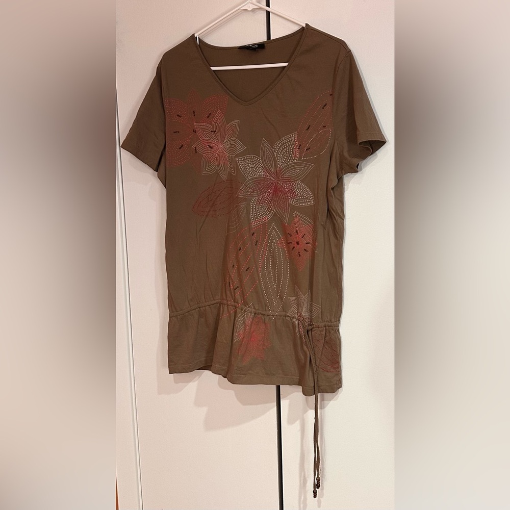 Style & Co. Brown Red Graphic Tie Front Short Sleeve T-Shirt